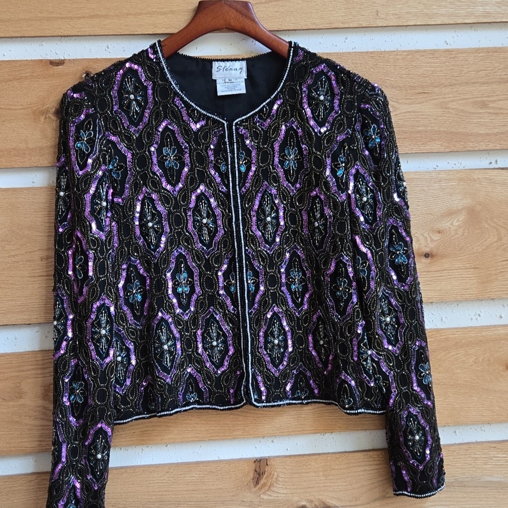 Stenay Vintage Silk Beaded Sequin Jacket Black Purple Teal Geometric Formal M